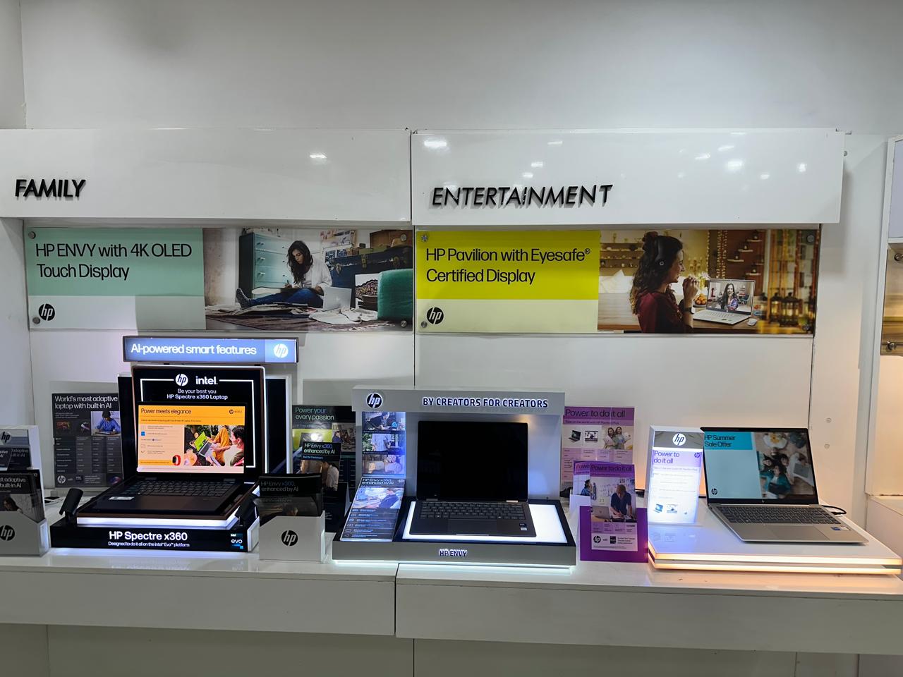 HP laptop demo zone with live display units at Jetage showroom Chandigarh